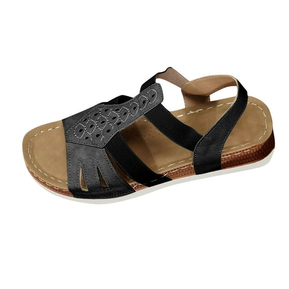 Comfortable Sandals for Women Oofos Womens Women's Fashion Casual Spring And Summer Outer Wear Hollow Solid Color Round Head Open Toe Elastic Wedge Heel Thick Bottom Sandals Black