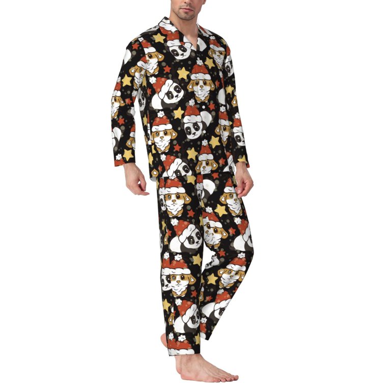 Salouo Cute Dog Panda Print Button-Front Long Sleeve Pajama Set For Men, Soft 2Pjs Men's Long Sleeve Sleepwear-Small