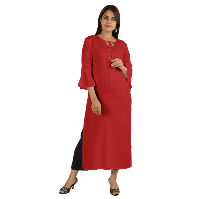 Moomaya Kurta en Rayonne Uni pour Femmes à Manches Évasées, Col à Cordon, Kurti Ethnique Long