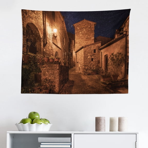 Landscape Tapestry, Antique Ruin at Starry Night Celestial Road Roman Dated Aged Heritage Back Then Theme, Fabric Wall Hanging Decor for Bedroom Living Room Dorm, 2 Sizes, Indigo, by Ambesonne