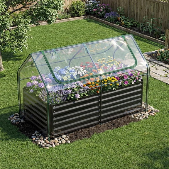 3-in-1 Metal Raised Garden Bed with Greenhouse Cover, 6x3x4 FT Metal Elevated Outdoor Planter Box with Roll-Up Windows, Open Base Grow Box for Vegetables, Flowers and Herbs, Black