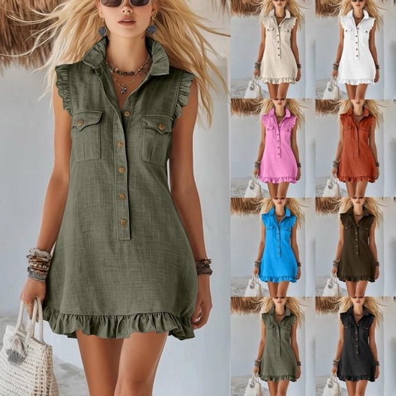 Bxsruta Women Sleeveless Ruffle Collared Button down Shirt Dress Casual Mini Dress with Pockets Lightweight Summer Dresses for Women Comfortable Breathable Fabric Everyday Casual Wear