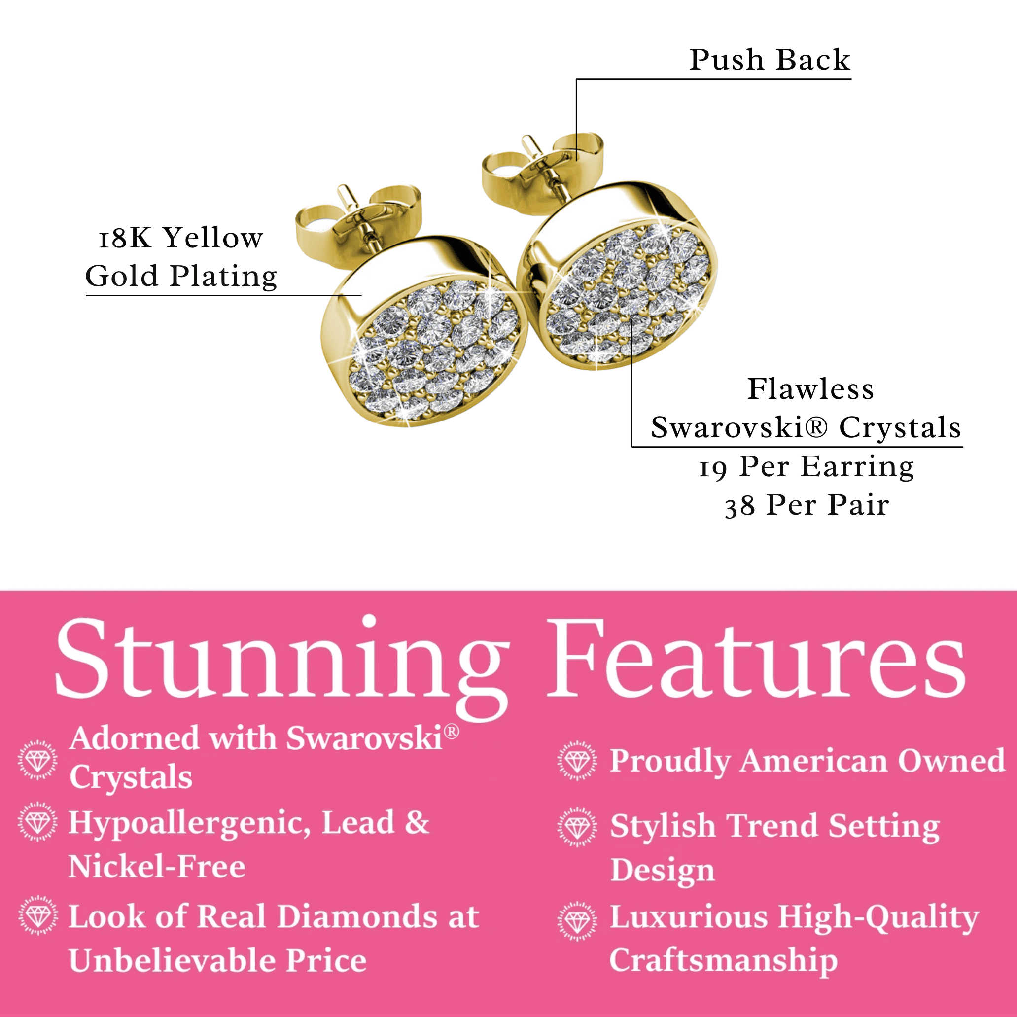 Cate & Chloe Nelly 18k Yellow Gold Plated Pave Stud Earrings with Swarovski Crystals Gift for Women
