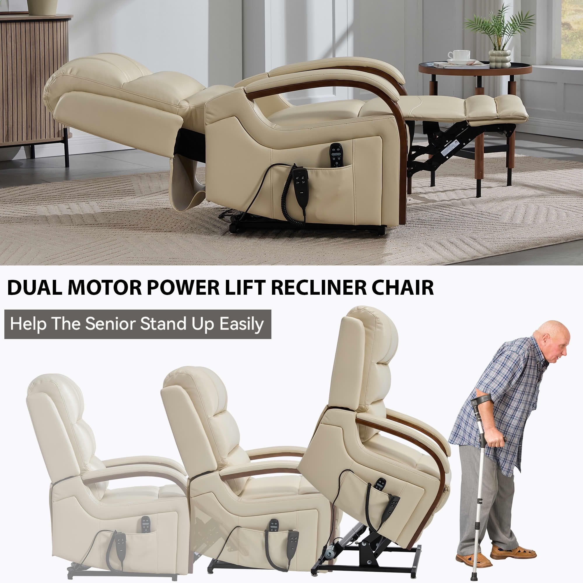 MAYEERTY Beige Leatheraire Dual Motor Power Lift Recliner, 350lbs Solid Wood Armrest Massage Heat 30"x36"x43" for Elderly
