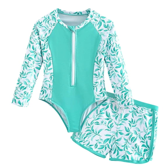BOOMNY Toddler Girls 3 Peice Swimsuits Long Sleeve Bathing Suit With Hat Floral Graphic Lightweight Summer Vacation Beach Swimwear