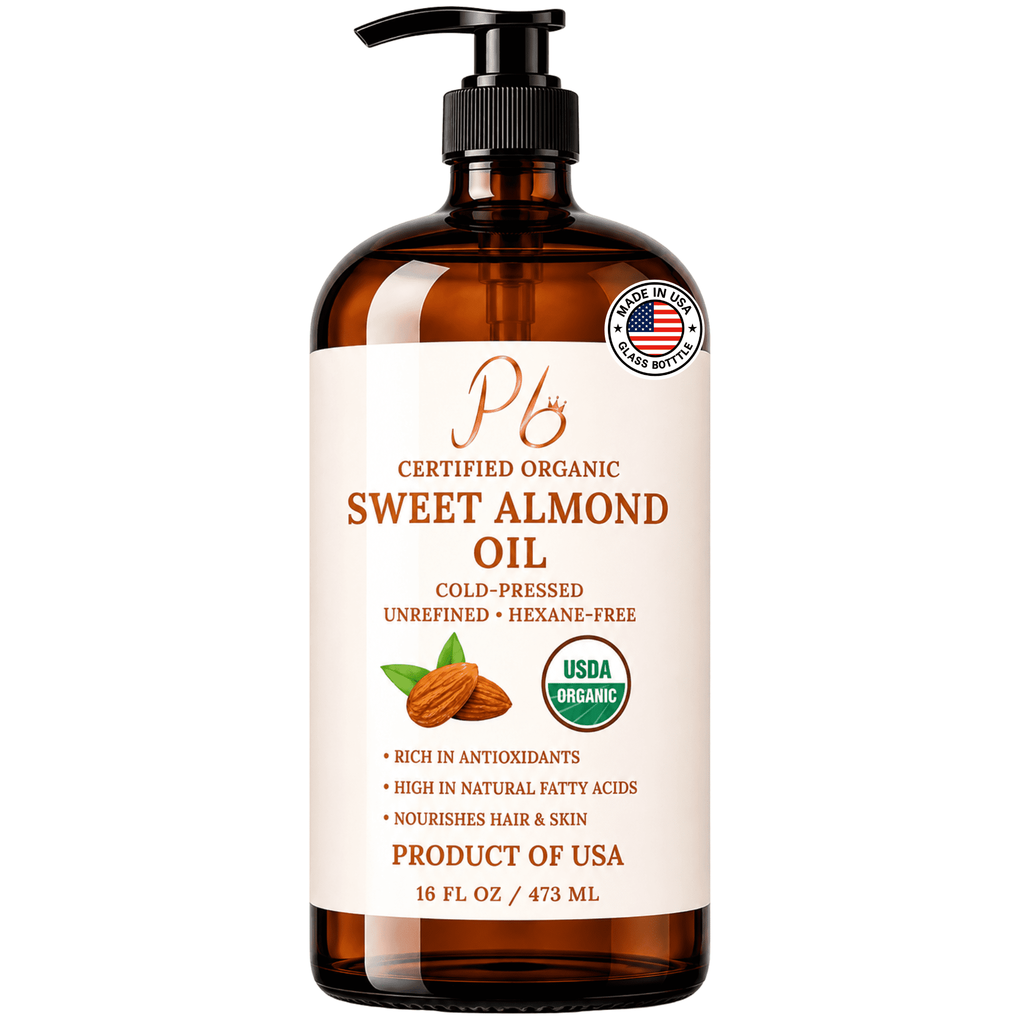 Pomberries Almond Oil 16 fl oz, USDA Organic Cold-Pressed Sweet Almond Oil for Skin, Hair & Body, Premium Organic Carrier Oil in Glass Bottle with Pump, Non-Greasy, Unscented, Hexane-Free