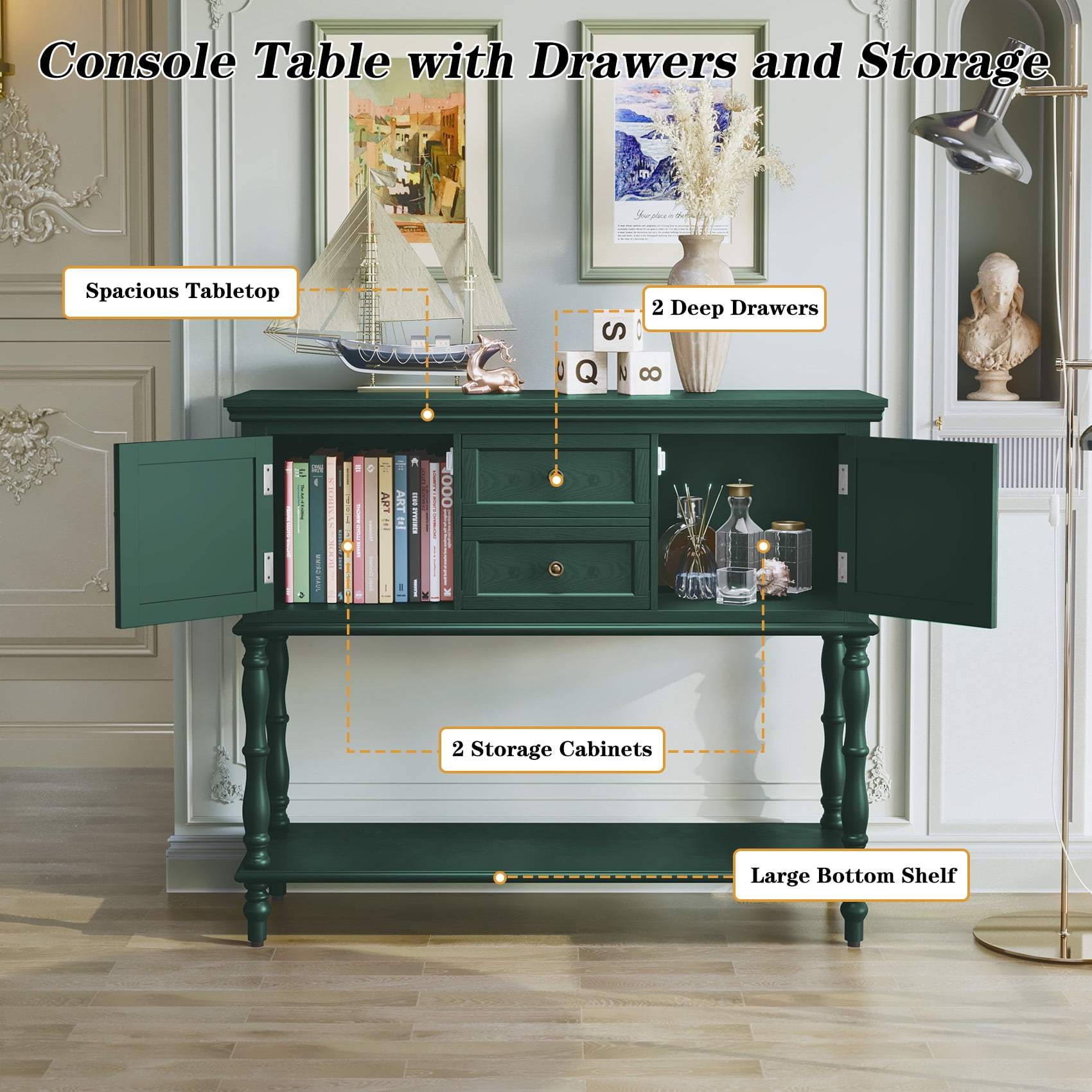 HLR 42" Farmhouse Modern Console Table, Entryway Table with Storage Shelf for Living Room, Green