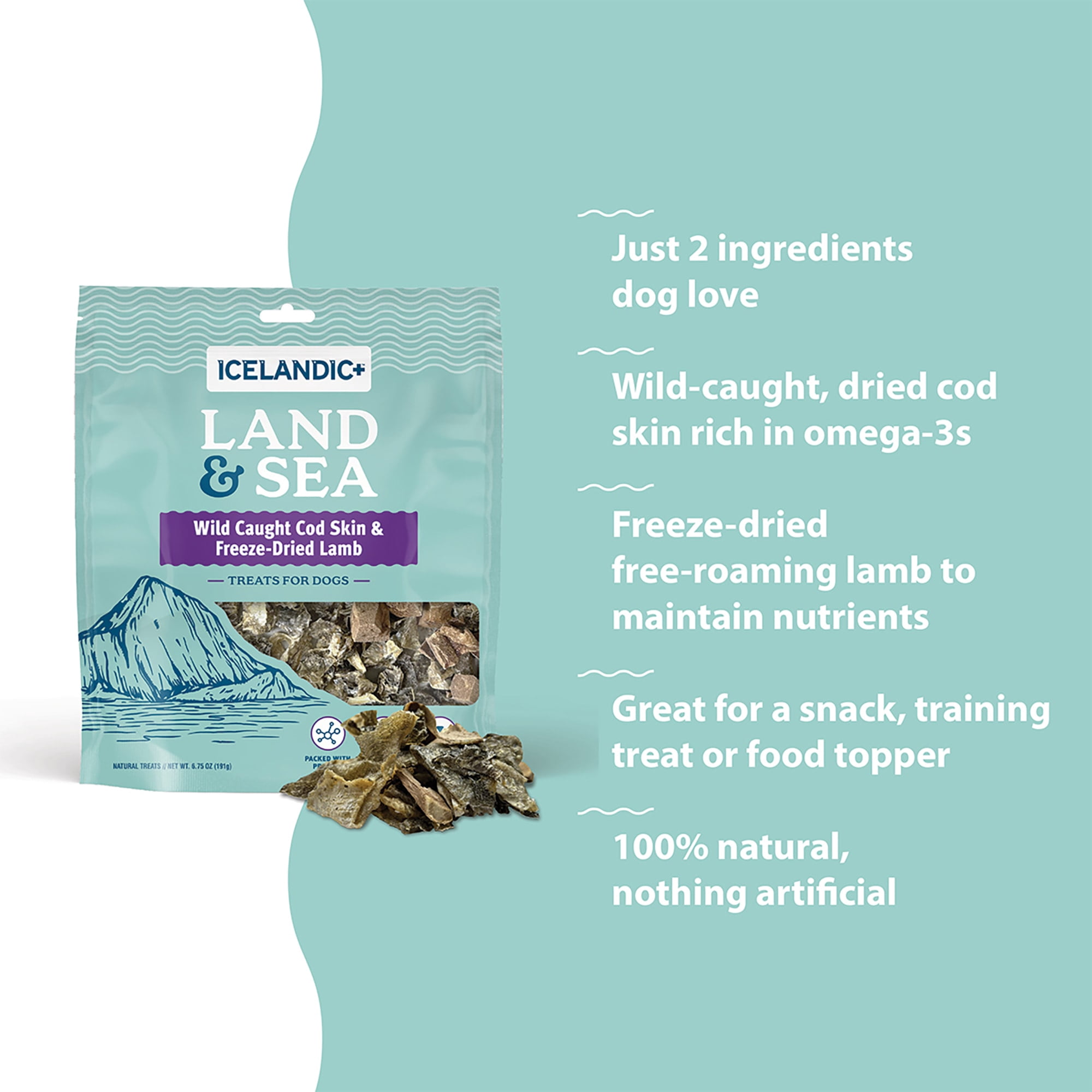 Icelandic+ Land & Sea Wild Caught Cod Skin & Freeze-Dried Lamb - 6.75oz Bag, Dog Treat & Food Topper, 2 Ingredients, No Preservatives, All Natural