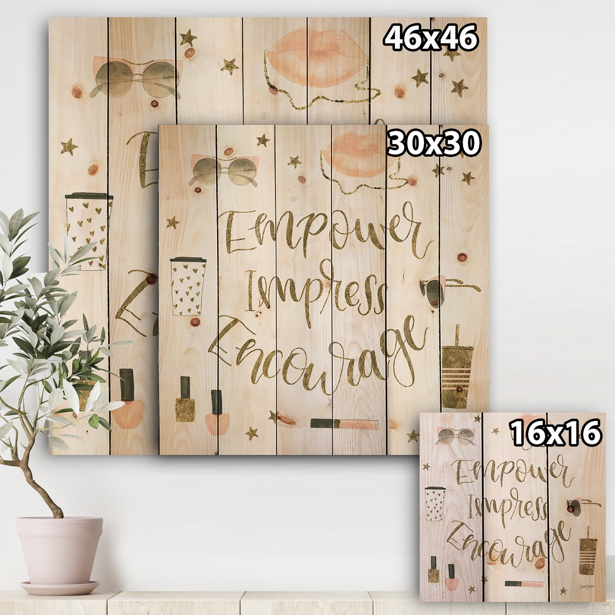 Designart 'Glam Pink Ladies V' Fashion Print on Natural Pine Wood