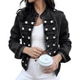 thumbnail image 2 of Women's Stand Collar Denim Jacket, Long Sleeve Double Breasted Cropped Jean Coat, Casual Military Style Denim Outerwear for Daily Street Wear 02-Black M, 2 of 4