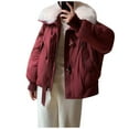 thumbnail image 2 of Sexlip Womens Cropped Puffer Jacket Quilted Coat with Faux Fur Lapel Winter Warm Baggy Long Sleeve Zip Down Outerwear Red M, 2 of 5