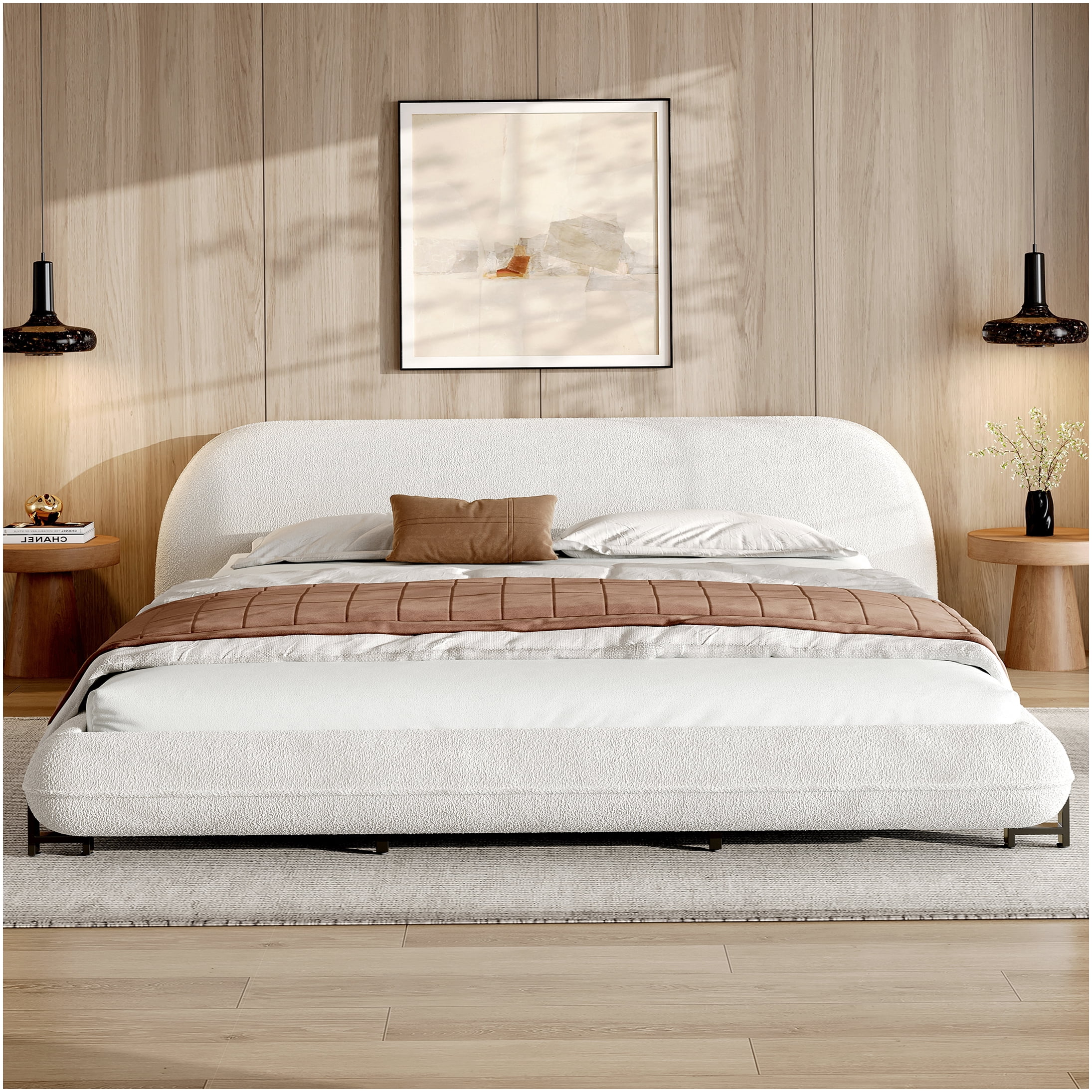 White King Size Upholstered Platform Bed Frame with Curved Boucle Headboard, No Box Spring Needed, Strong Wood & Metal Support