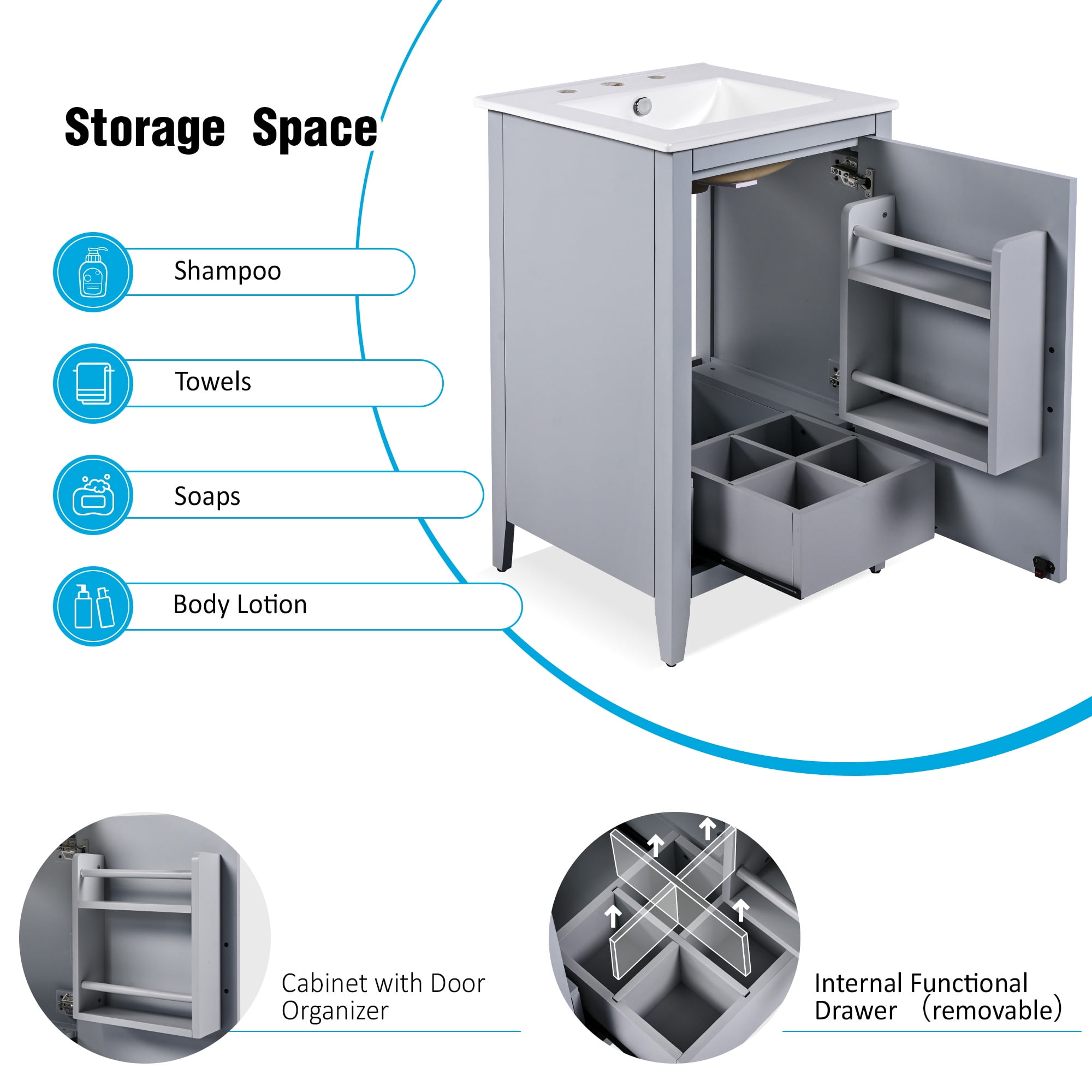 Leumius 20.3" Modern Bathroom Vanity with Sink, Functional Drawers & Built-in Door Shelves, Premium Soft-Close Doors - Sleek Space-Saving Design.Grey