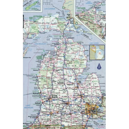 Michigan State Map Laminated Map - Large detailed roads and highways map of Michigan state with all cities Poster 24 x 36 ()