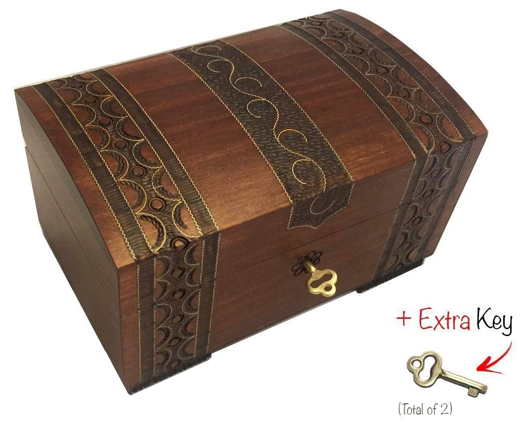 Handmade Wooden Chest Decorative Box Jewelry Keepsake Box w/ Lock & Key 