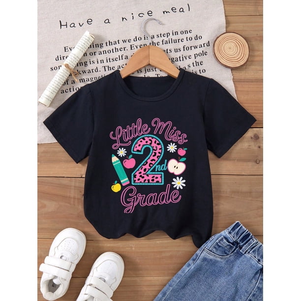 Fancy' Printed Crew Neck T-Shirt For Boys and Girls Back-To-School Season Short Sleeve T-Shirt Top For Toddlers