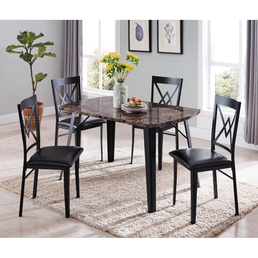 Rhia 5 Piece Kitchen Dining Set, Black Metal Frame & Brown Wood Top, 54