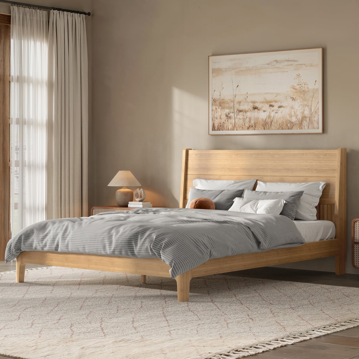 Queen Size Platform Bed with Tall Headboard, Solid Bamboo-made Bed Frame with Support Slats, Full/Queen/King Bed Frame for Bedroom, Guest Rooms, Dorms,Natural