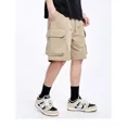 thumbnail image 5 of Pantalones cargo de estilo americano para hombre, de verano, negros opacos, con múltiples bolsillos, holgados, de pierna recta, informales, estilo deportivo, 5 of 5