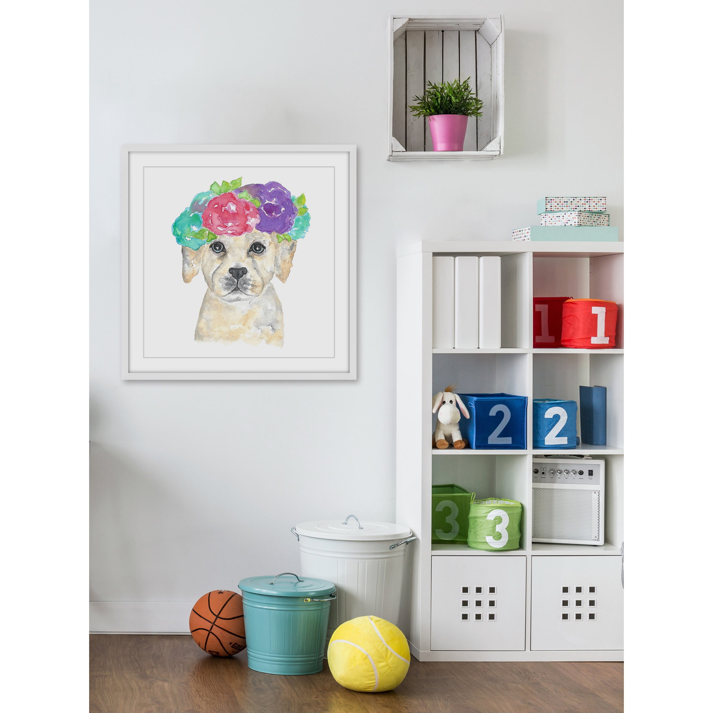 Marmont Hill "Dog with Flower Crown" by Thimble Sparrow Framed Painting Print