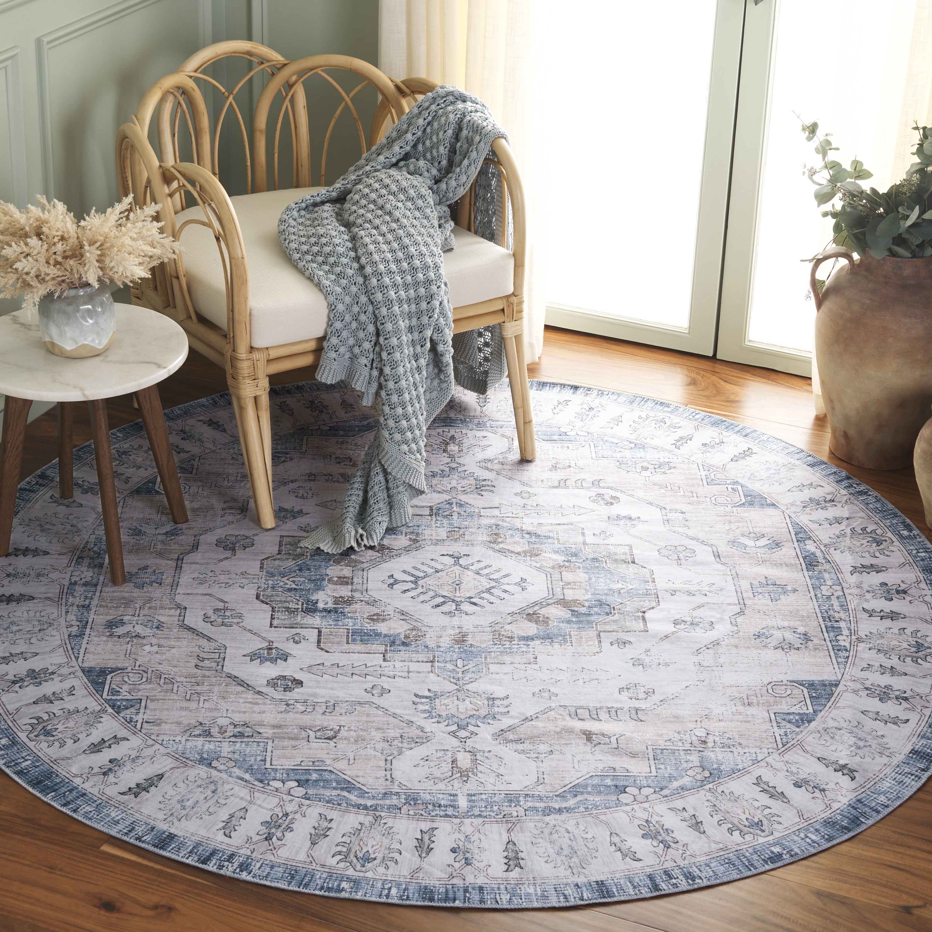 SAFAVIEH Arizona Alastar Medallion Polyester Machine Washable Area Rug, Gray/Blue, 6' x 6' Round