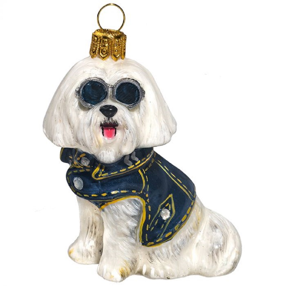 Maltese with Denim Jacket and Sunglasses Polish Glass Dog Ornament