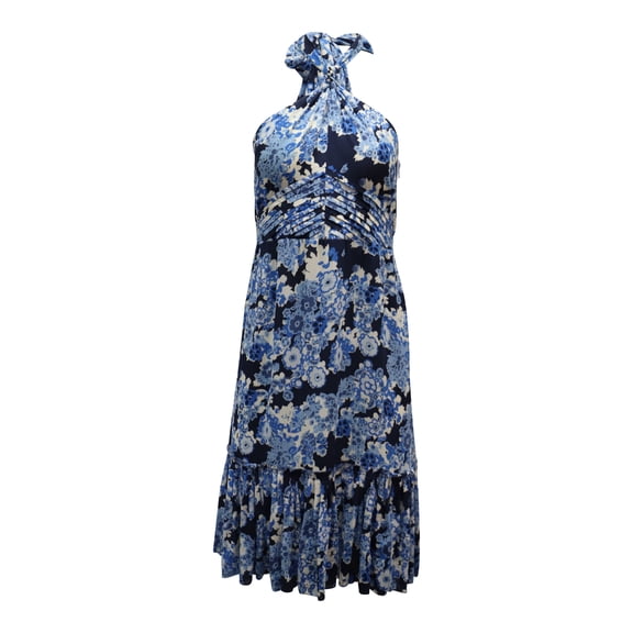 Pre-Owned Tory Burch Halter Midi Dress in Floral Blue Silk