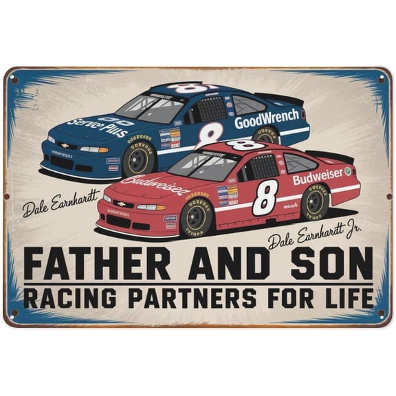 Vintage Racing Cars Metal Tin Sign, Dale Earnhardt Father and Son, 8 x 12 inches, Wall Decor for Garage, Bar, Cave