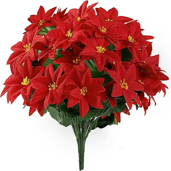 FXMLRLK Artificial Poinsettia Bouquet 7 Heads 5 Pack 14" Velvet Poinsettia Bush Christmas Flowers for Porch Home Garden Indoor Outdoor Xmas Decorations,Red