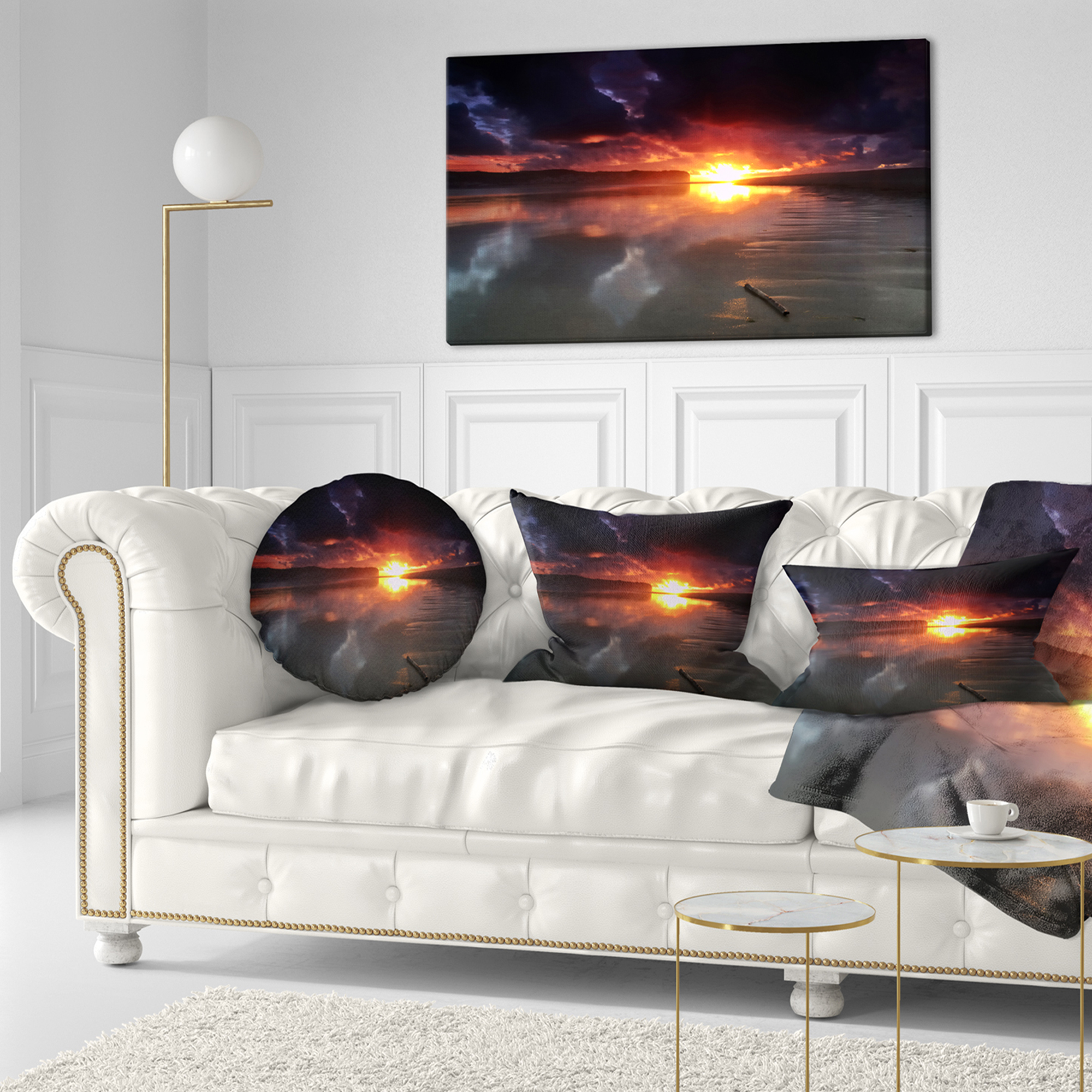 Designart Mirrored Sun in Cloudy Dark Seashore - Seashore Throw Pillow - 12x20