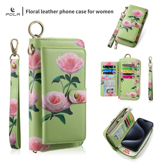 For iPhone Air Case with RFID Blocking Card Slots and Wrist Strap,[Compatible with MagSafe] PU Leather Zipper Pocket Magnetic [Detachable Wallet] Flip Kickstand Cover with Ring Hook,Green