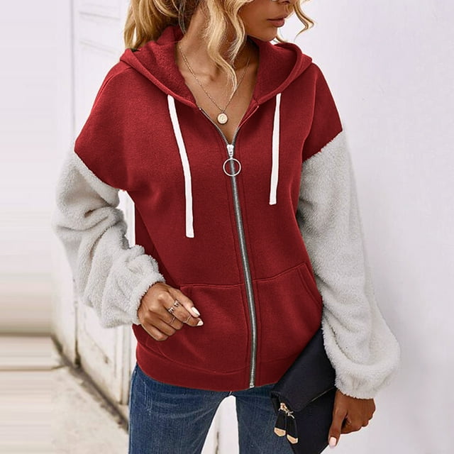 EGNMCR Veste à Manches Longues pour Femmes, Veste Décontractée Sans Capuche à Manches Longues, Manteau à Capuche Patchwork Contrasté pour Femmes