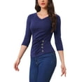 thumbnail image 4 of INSPIRE CHIC Women's Ruched Blouse Button Decor V Neck 3/4 Sleeve Solid Knit Top 3XL Navy Blue, 4 of 5