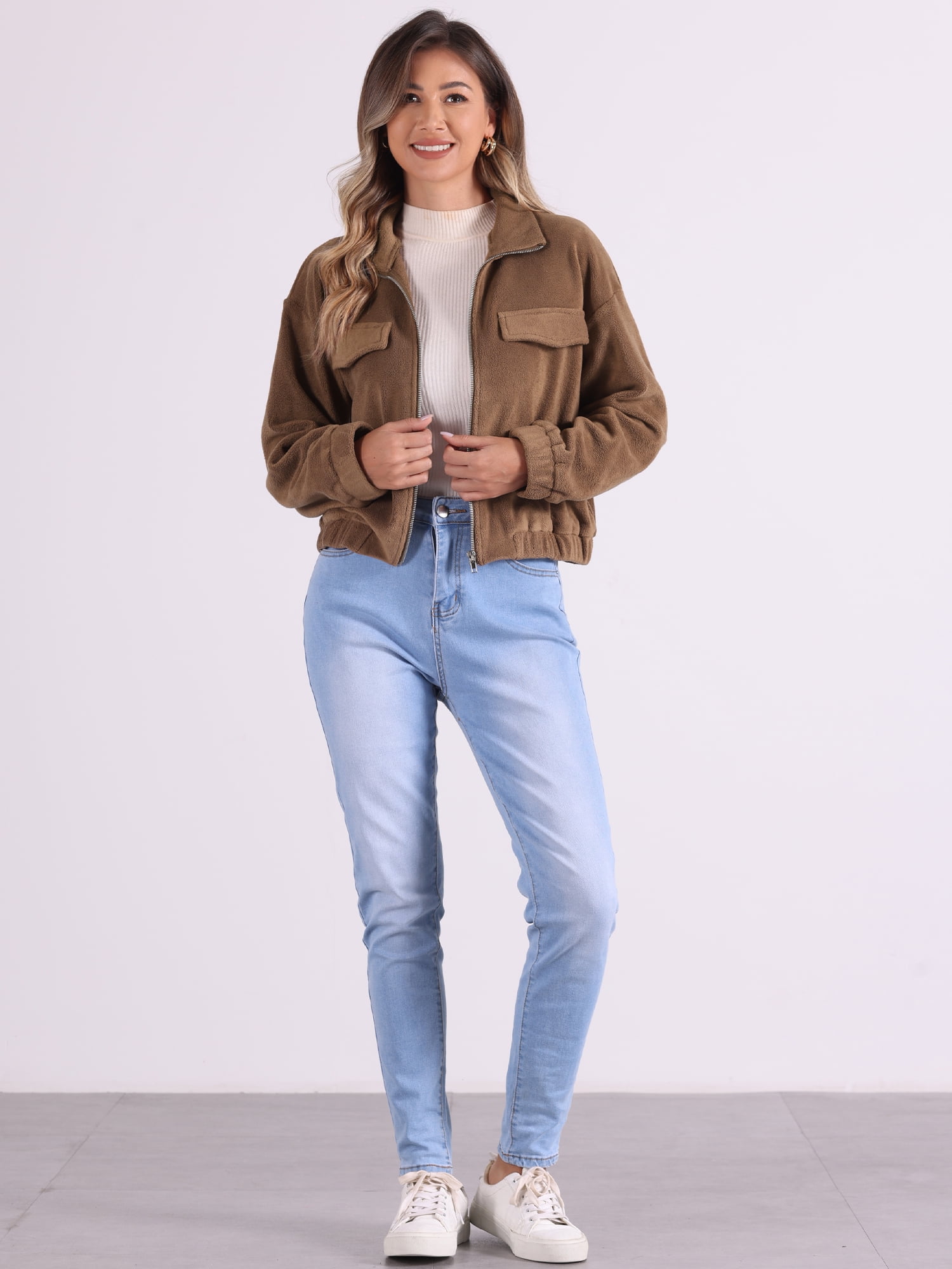 DARING DIVA Fuzzy Short Jacket Stand Collar Casual Crop Coat M Brown