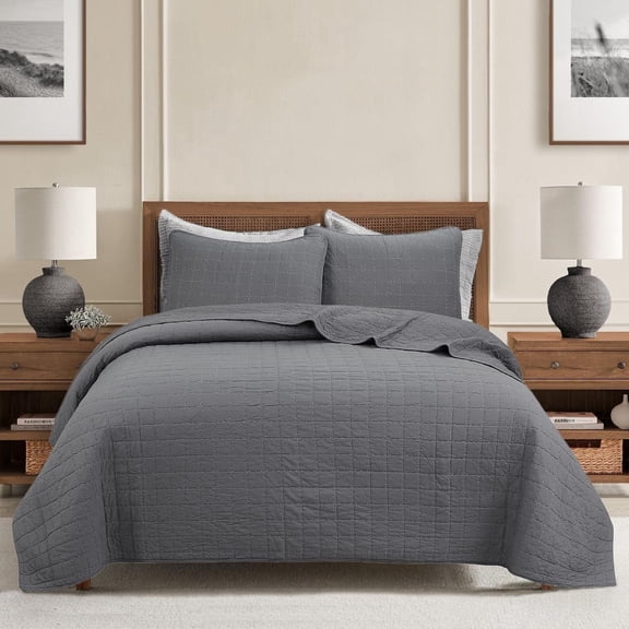 Square Gingham Checkered Solid Chic Gray 3 Piece Cotton King Quilt Bedding Set