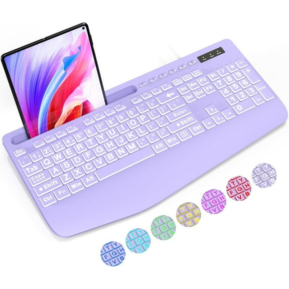 Large Print Backlit Computer Keyboards, Wired Lighted USB Keyboards with 7-Color Backlit, Wrist Rest, for Laptop, PC, Windows, Desktop (Purple)