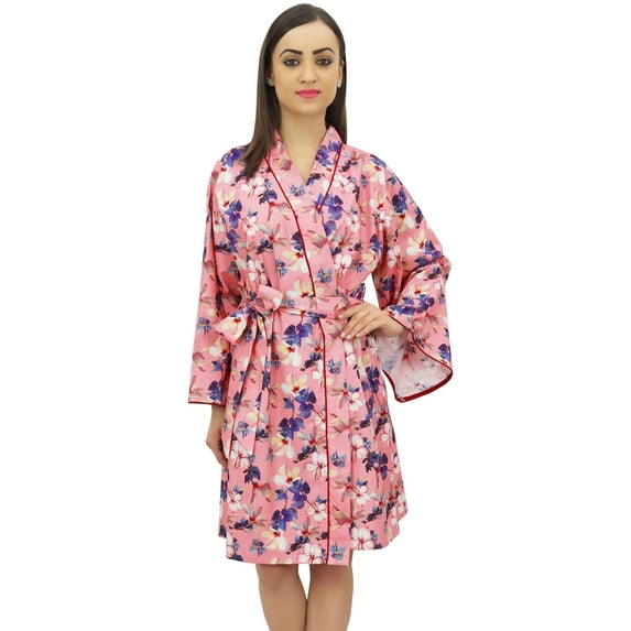Bimba Women's Short Kimono Robe Cotton Poplin Floral Print Bridal Nightwear - 8