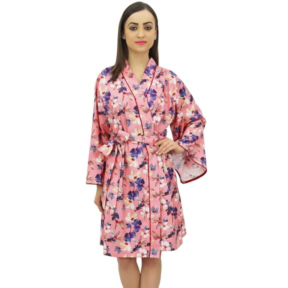 Bimba Women's Short Kimono Robe Cotton Poplin Floral Print Bridal Nightwear - 4