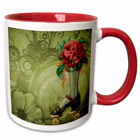 Image of Vintage Victorian Steampunk Roller Skate Boot with Red Rose Clock Background 15oz Two-Tone Red Mug mug-102680-10