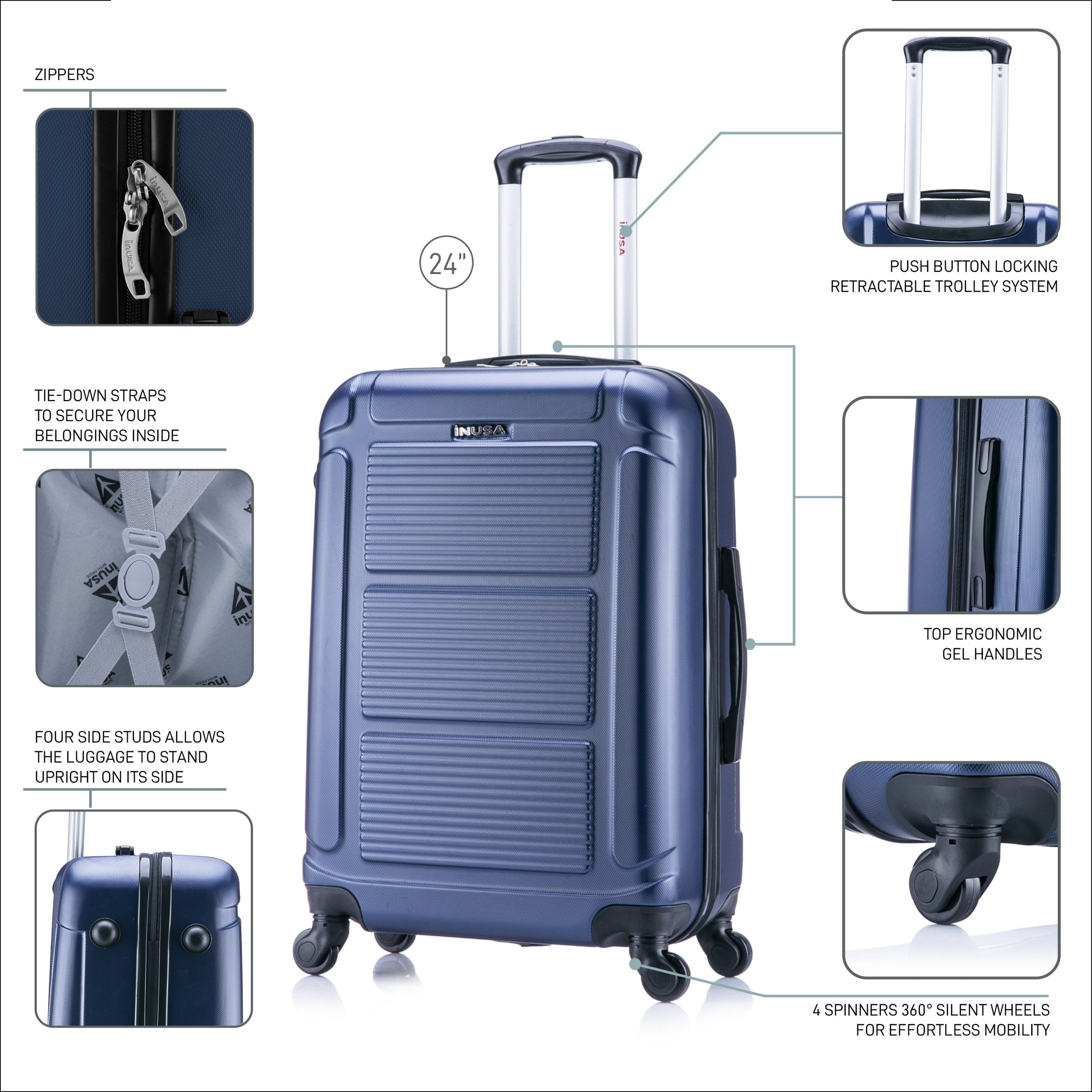 InUSA Pilot 24" Hardside Lightweight Luggage with Spinner Wheels, Handle, and Trolley, Blue