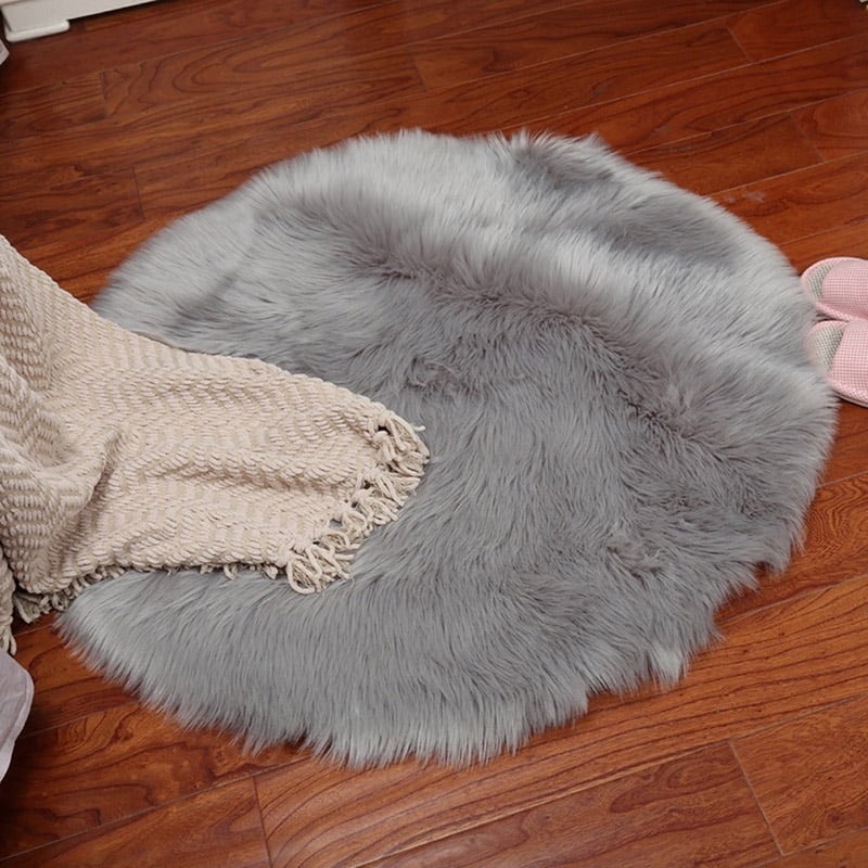 Round Fluffy Faux Fur Seat Cushion Pad Shaggy Plush Area Rug Warm Stool 