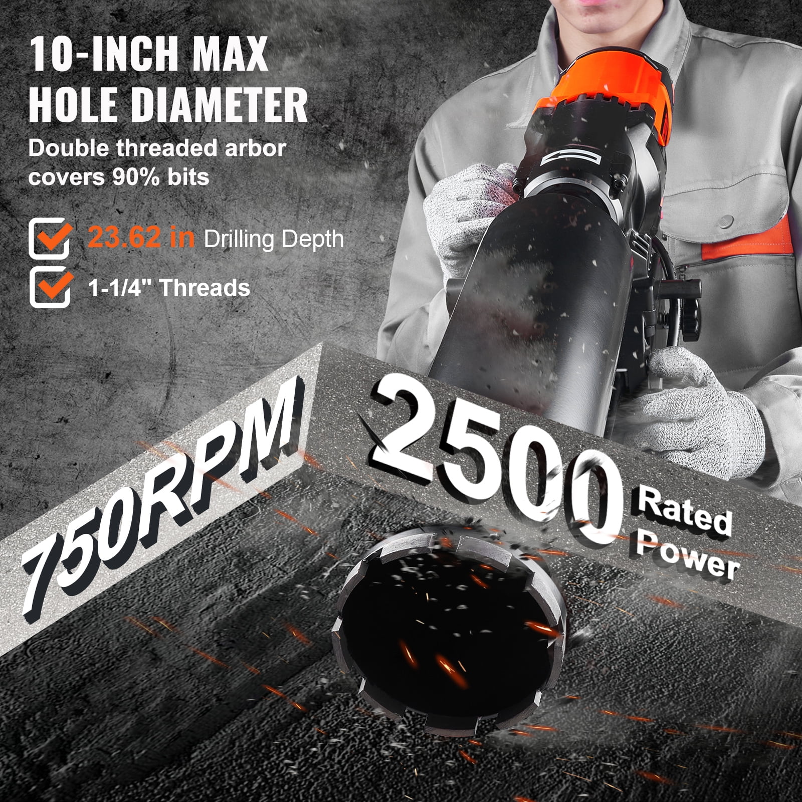 KFFKFF Diamond Core Drill Bit Set, 10in Damp Cement Core Drilling Apparatus with Stand Wheels, 750RPM Velocity & 1-1/4" Thread & Elevating Grip, 10in Boring Width for Cement Brick Block Stone, 2500W