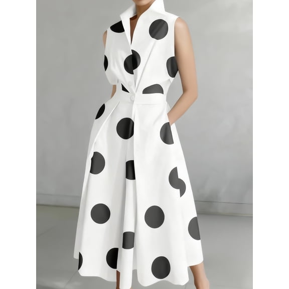 Black And White Polka Dot V-Neck Sleeveless Button-Up Flared Midi Dress For Women