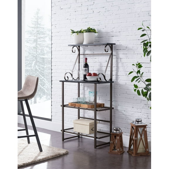 Solitude 4 Tier Free Standing Kitchen Bakers Rack, Pewter Metal Frame & Black Wood Center Shelf, Transitional
