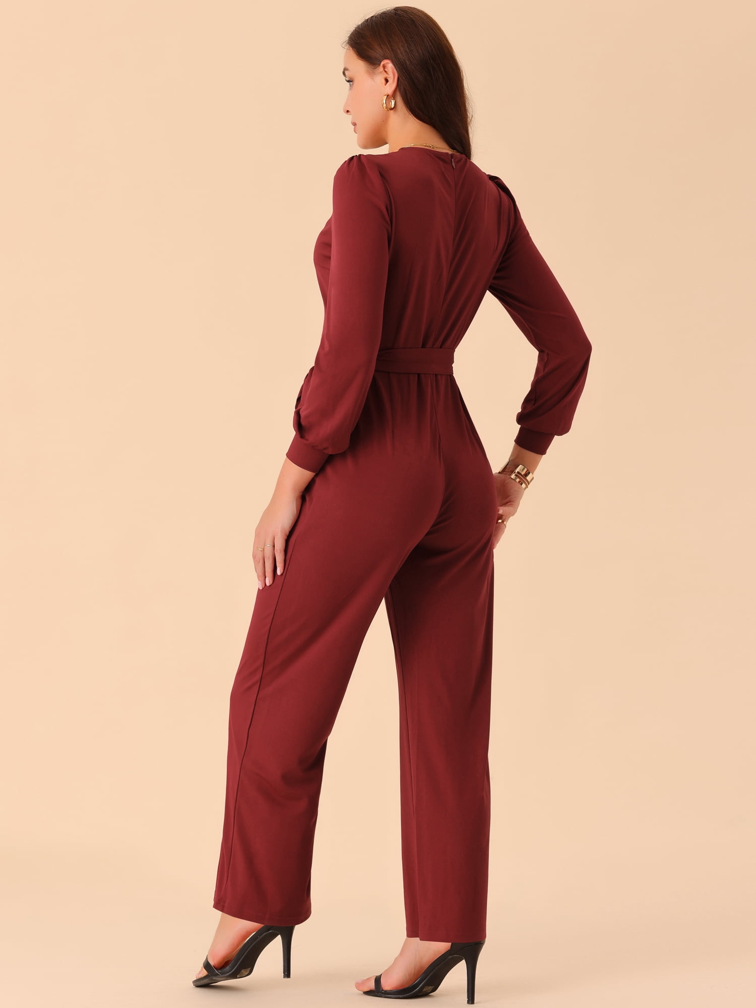 DARING DIVA Women's Long Sleeve Belted Stretchy Jumpsuit S Wine Red