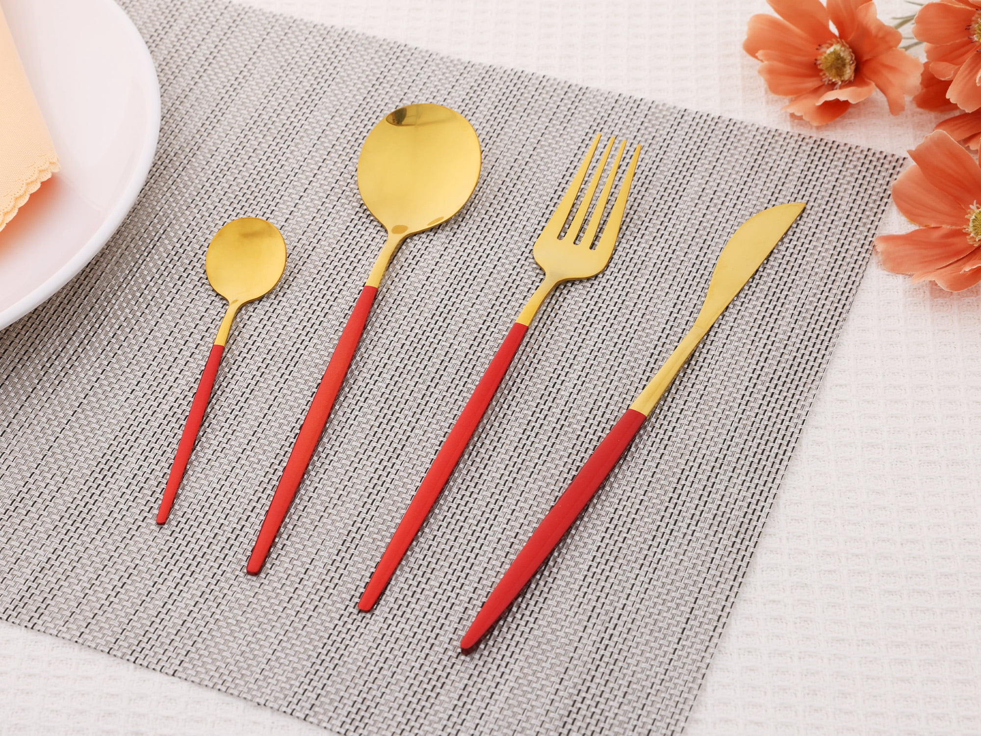 Unique Bargains 24 Pieces Stainless Steel Silverware Flatware Set Red