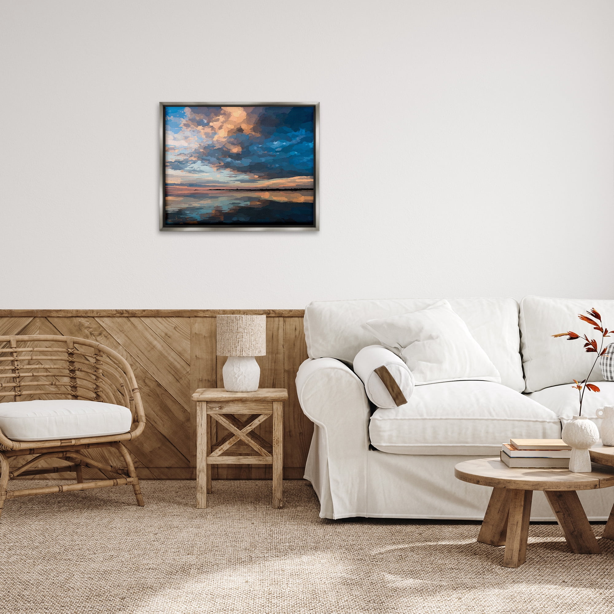 Stupell Industries Clouds & Sunset Reflection Landscape Painting Gray Floater Framed Canvas Art Print Wall Art, 31 x 25