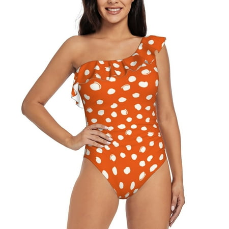 Noikeo Dots On Orange Background for One Shoulder One Piece Swimsuit for Women Tummy Control Bathing Suits Ruffle Swimwear-Large
