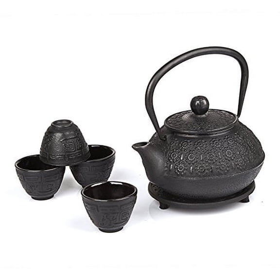6 piece Japanese Cast Iron Pot Tea Set Black w/ Trivet (30 oz IRTP900YH)