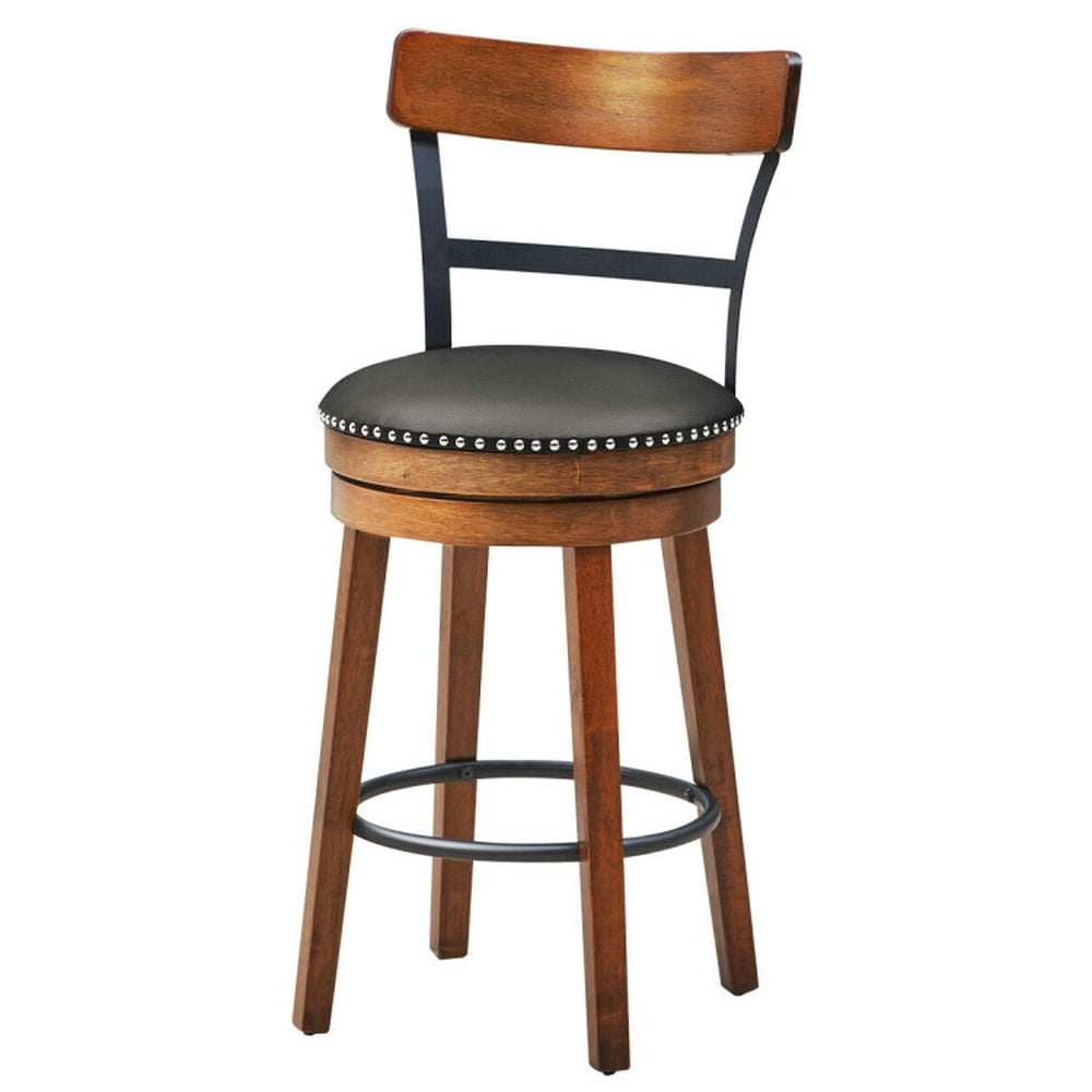 Demi Bonn 25.5" 360-Degree Bar Swivel Stools with Leather Padded, Wood Dining Chair with Backrests, Brown